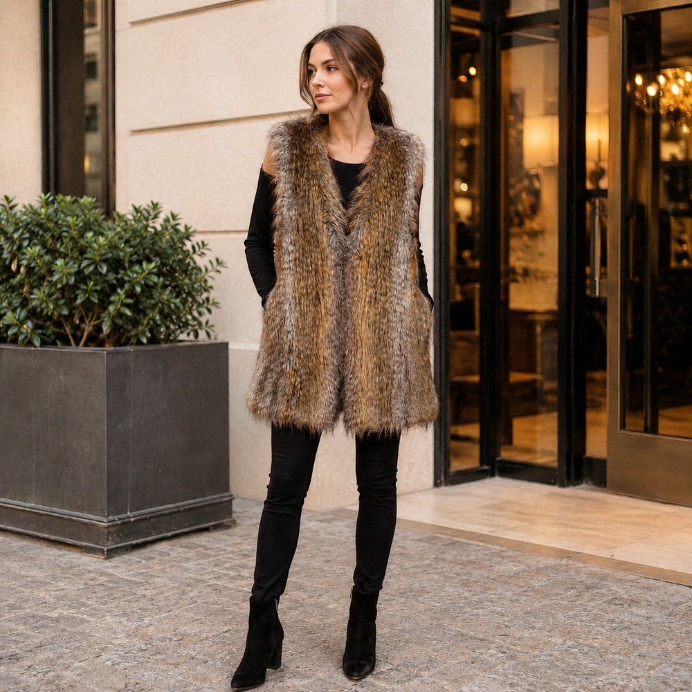 Halston Heritage Women's 0 Brown Faux Fur Long Vest Boho Glam Lined